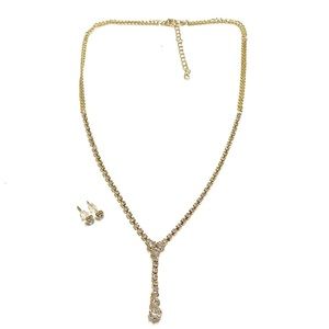Y Necklace Earrings Set Gold Tone Rhinestone